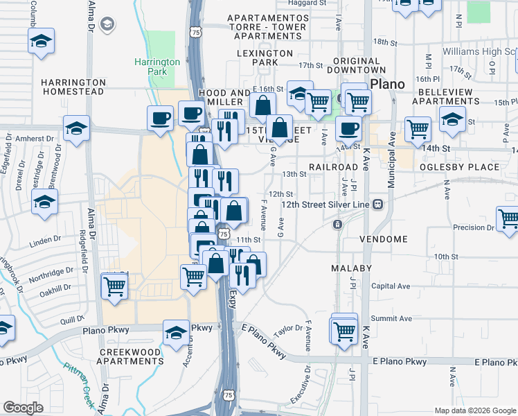 map of restaurants, bars, coffee shops, grocery stores, and more near 1123 F Avenue in Plano