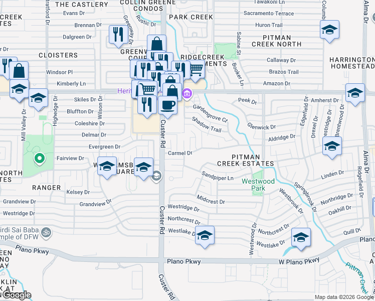 map of restaurants, bars, coffee shops, grocery stores, and more near 1201 Balboa Circle in Plano