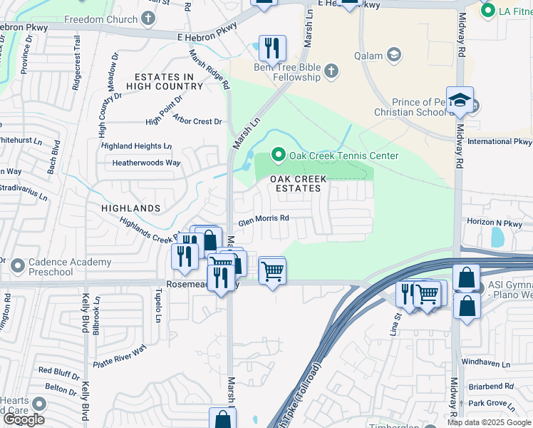map of restaurants, bars, coffee shops, grocery stores, and more near 3800 Maywood Drive in Carrollton