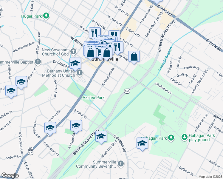 map of restaurants, bars, coffee shops, grocery stores, and more near 316 South Gum Street in Summerville