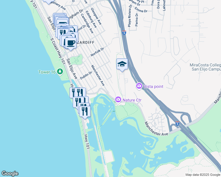 map of restaurants, bars, coffee shops, grocery stores, and more near 2581 Montgomery Avenue in Encinitas