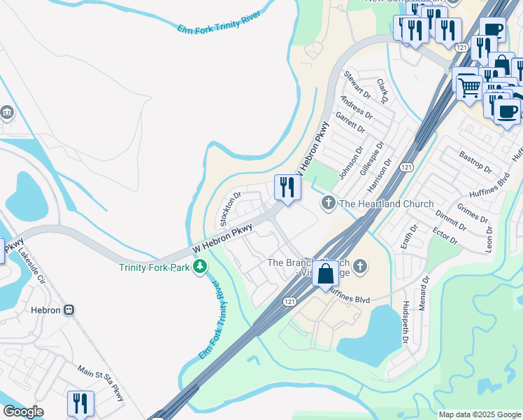 map of restaurants, bars, coffee shops, grocery stores, and more near 2001 Reddenson Drive in Carrollton