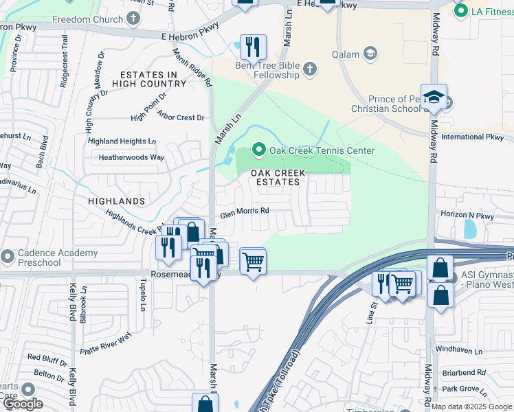 map of restaurants, bars, coffee shops, grocery stores, and more near 3800 Maywood Drive in Carrollton