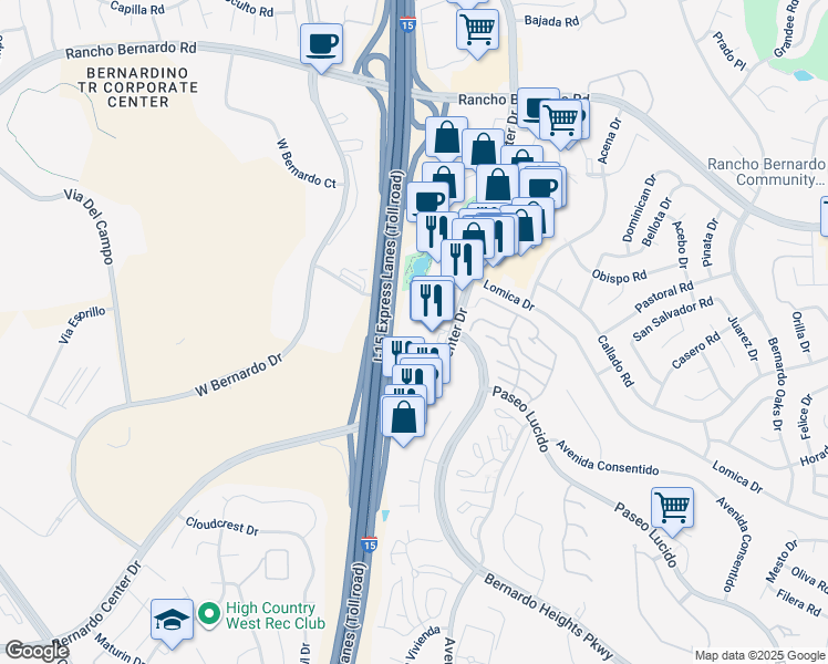 map of restaurants, bars, coffee shops, grocery stores, and more near 11649 Iberia Place in San Diego