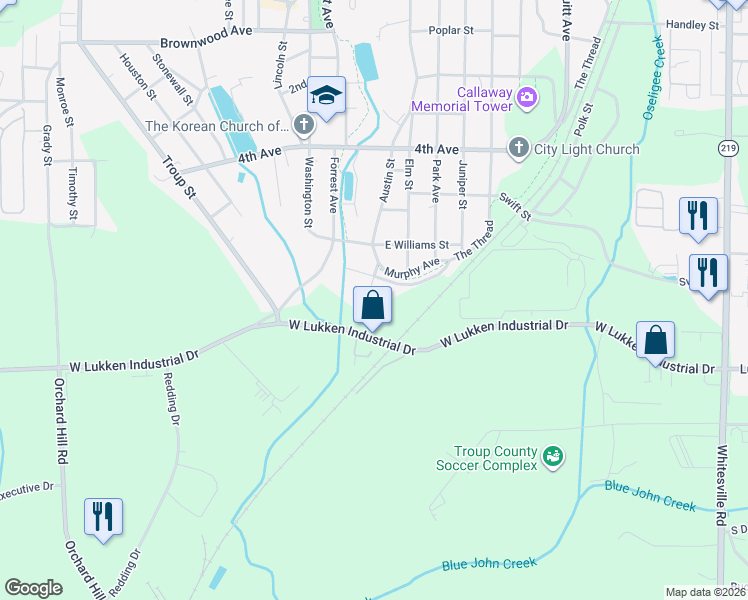 map of restaurants, bars, coffee shops, grocery stores, and more near 1705 Adamson Street in LaGrange