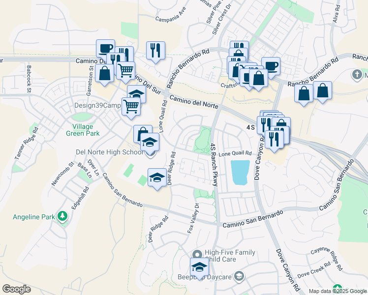map of restaurants, bars, coffee shops, grocery stores, and more near 9836 Lone Quail Road in San Diego