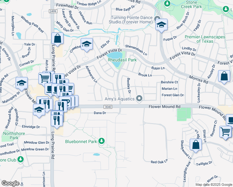 map of restaurants, bars, coffee shops, grocery stores, and more near 2112 Remmington Drive in Flower Mound