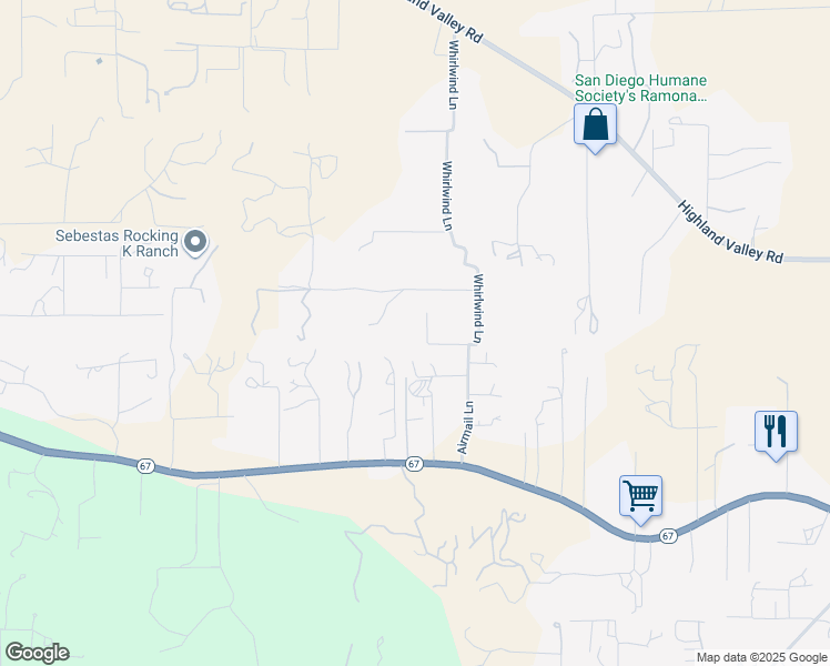 map of restaurants, bars, coffee shops, grocery stores, and more near 18435 Chablis Road in Ramona