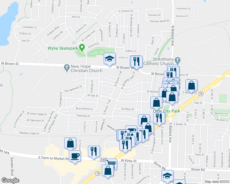 map of restaurants, bars, coffee shops, grocery stores, and more near 108 North Rustic Trail in Wylie