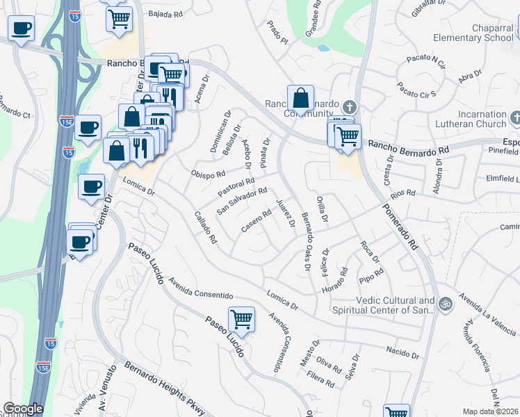 map of restaurants, bars, coffee shops, grocery stores, and more near 16610 Casero Road in San Diego