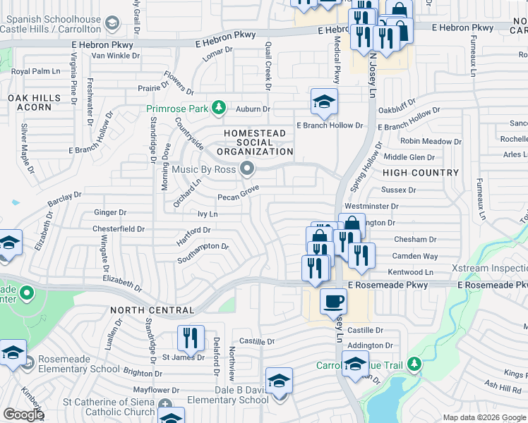 map of restaurants, bars, coffee shops, grocery stores, and more near 1801 Kensington Drive in Carrollton