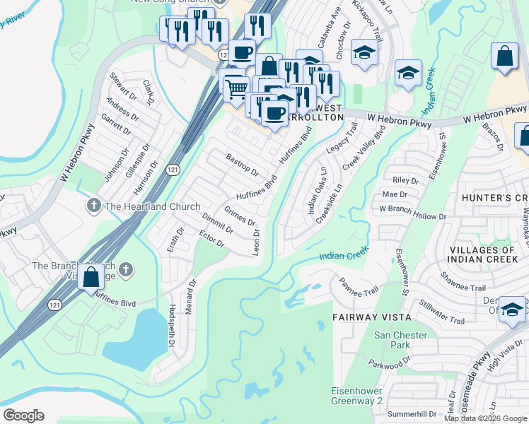 map of restaurants, bars, coffee shops, grocery stores, and more near 3921 Legacy Trail in Carrollton