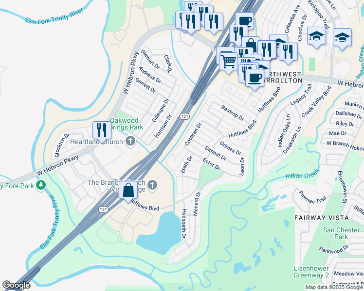 map of restaurants, bars, coffee shops, grocery stores, and more near 3832 Cochran Drive in Carrollton