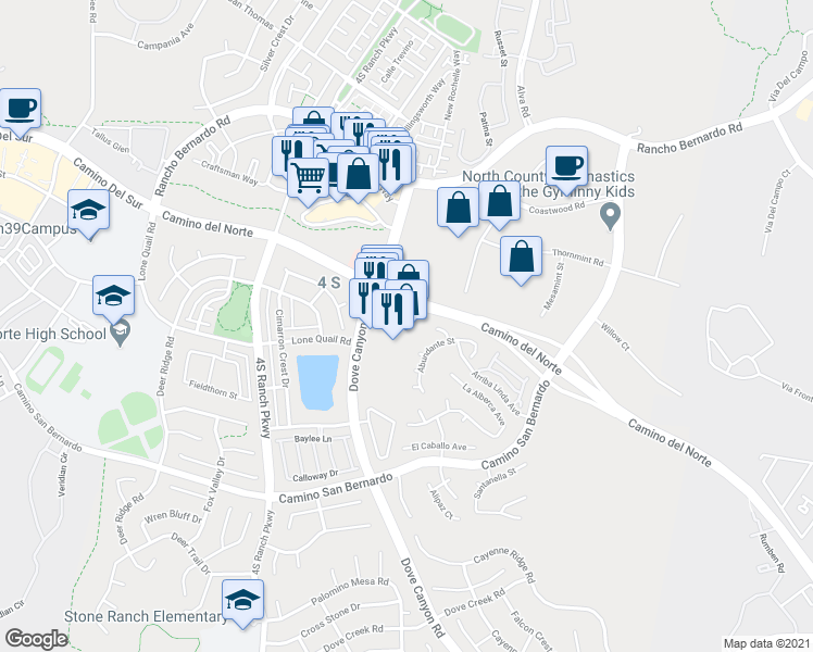 map of restaurants, bars, coffee shops, grocery stores, and more near 16617 Dove Canyon Road in San Diego