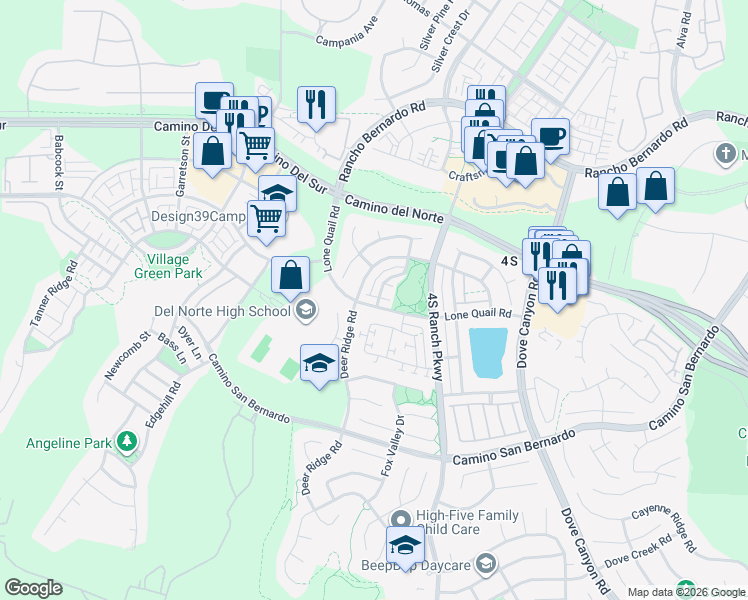 map of restaurants, bars, coffee shops, grocery stores, and more near 9836 Lone Quail Road in San Diego
