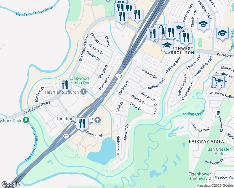 map of restaurants, bars, coffee shops, grocery stores, and more near 3832 Cochran Drive in Carrollton