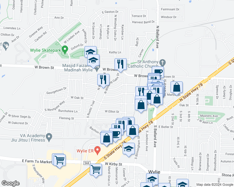map of restaurants, bars, coffee shops, grocery stores, and more near 406 West Marble Street in Wylie