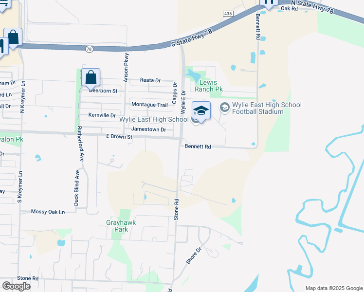 map of restaurants, bars, coffee shops, grocery stores, and more near 9438 Bennett Road in Wylie