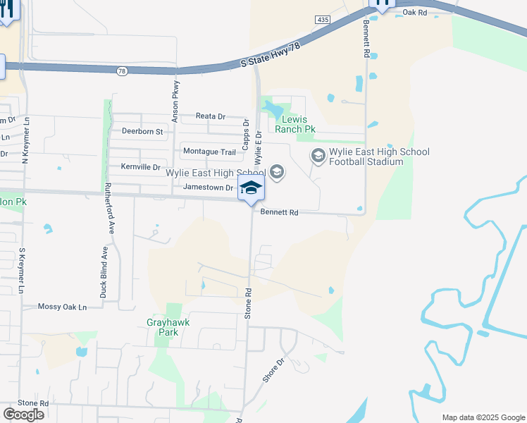 map of restaurants, bars, coffee shops, grocery stores, and more near 9595 Bennett Road in Wylie