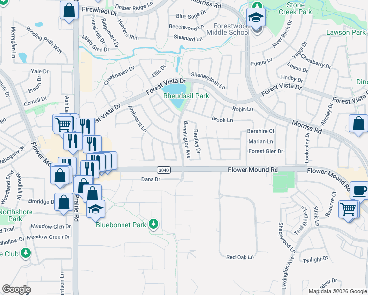 map of restaurants, bars, coffee shops, grocery stores, and more near 2112 Remmington Drive in Flower Mound