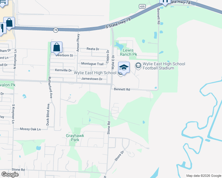 map of restaurants, bars, coffee shops, grocery stores, and more near 7940 Bennett Road in Wylie