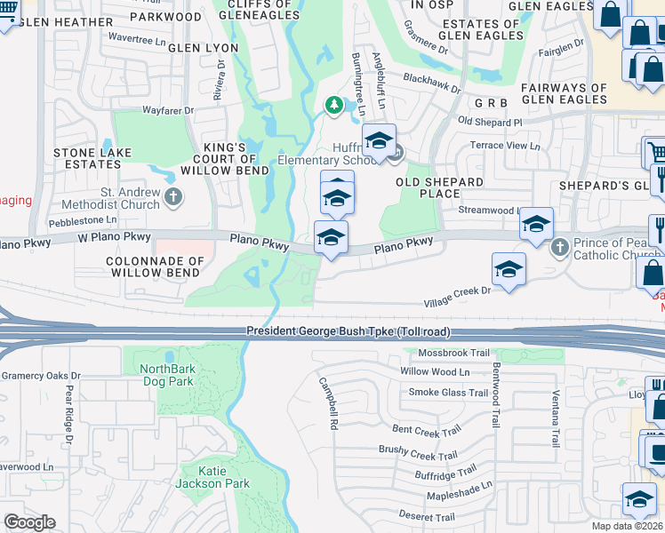 map of restaurants, bars, coffee shops, grocery stores, and more near 5516 West Plano Parkway in Plano
