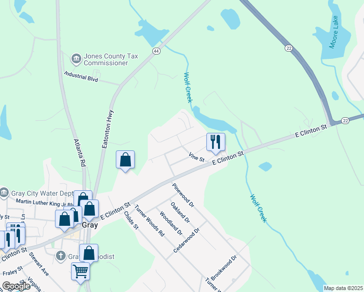 map of restaurants, bars, coffee shops, grocery stores, and more near Dixie Street in Jones County