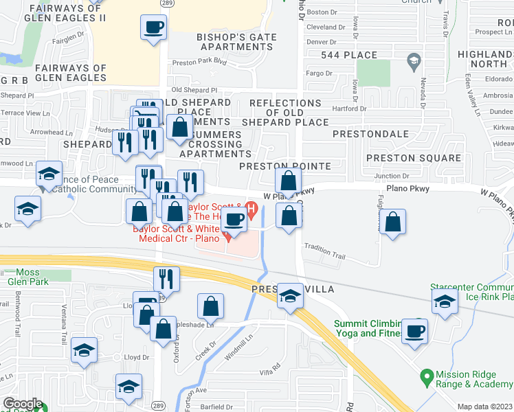 map of restaurants, bars, coffee shops, grocery stores, and more near 1160 West Plano Parkway in Plano