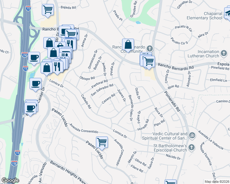 map of restaurants, bars, coffee shops, grocery stores, and more near 12218 Casero Place in San Diego