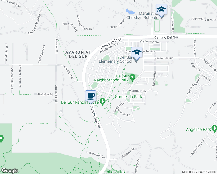 map of restaurants, bars, coffee shops, grocery stores, and more near 15504 Paseo Del Sur in San Diego