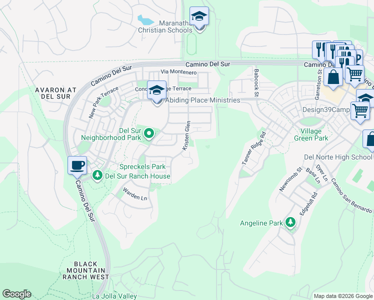map of restaurants, bars, coffee shops, grocery stores, and more near 8524 Kristen View Court in San Diego