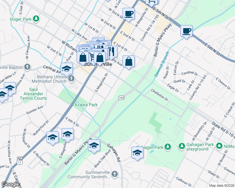 map of restaurants, bars, coffee shops, grocery stores, and more near 305 South Gum Street in Summerville