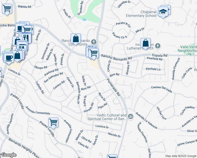 map of restaurants, bars, coffee shops, grocery stores, and more near 12446 Rios Road in San Diego
