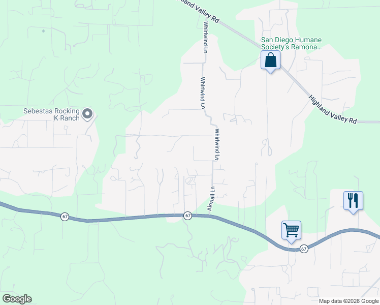 map of restaurants, bars, coffee shops, grocery stores, and more near 16832 Whirlwind Lane in Ramona