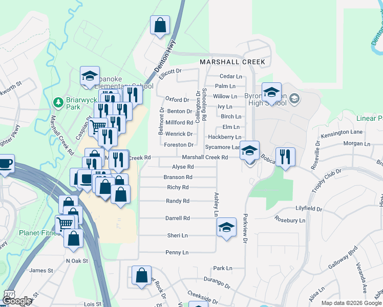 map of restaurants, bars, coffee shops, grocery stores, and more near 323 Marshall Creek Road in Roanoke