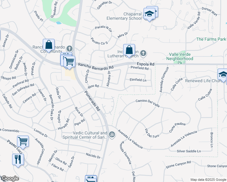 map of restaurants, bars, coffee shops, grocery stores, and more near 12741 Rios Road in San Diego