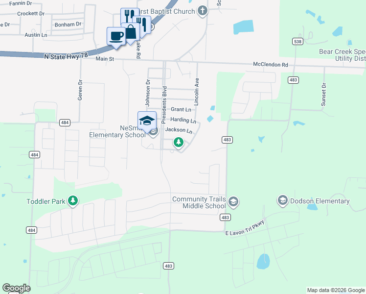 map of restaurants, bars, coffee shops, grocery stores, and more near 816 Harrison Lane in Lavon