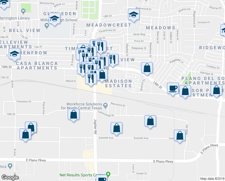 map of restaurants, bars, coffee shops, grocery stores, and more near 2608 Ezekial Way in Plano