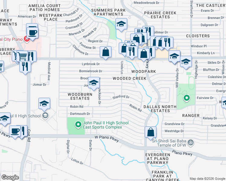 map of restaurants, bars, coffee shops, grocery stores, and more near 3101 Forester Way in Plano