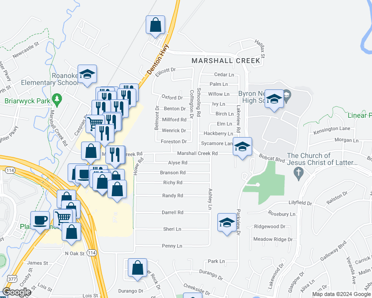 map of restaurants, bars, coffee shops, grocery stores, and more near 328 Marshall Creek Road in Roanoke