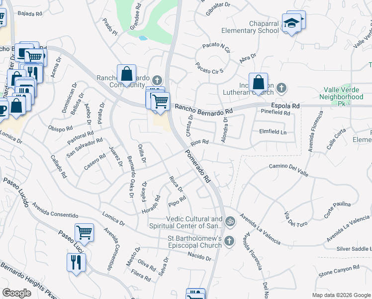 map of restaurants, bars, coffee shops, grocery stores, and more near Pomerado Road & Rios Road in San Diego