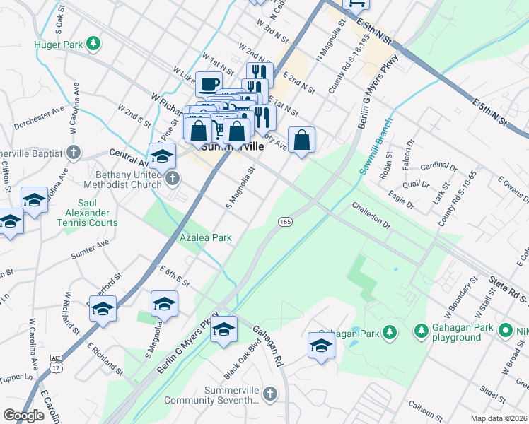 map of restaurants, bars, coffee shops, grocery stores, and more near 305 South Gum Street in Summerville
