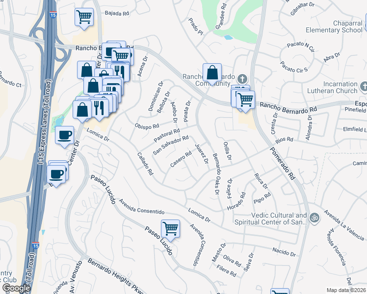 map of restaurants, bars, coffee shops, grocery stores, and more near 12209 Casero Place in San Diego