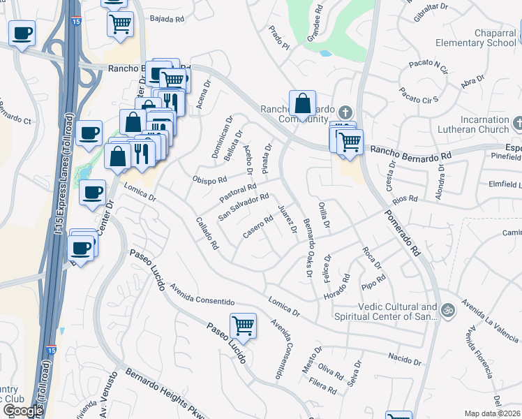 map of restaurants, bars, coffee shops, grocery stores, and more near 12209 Casero Place in San Diego