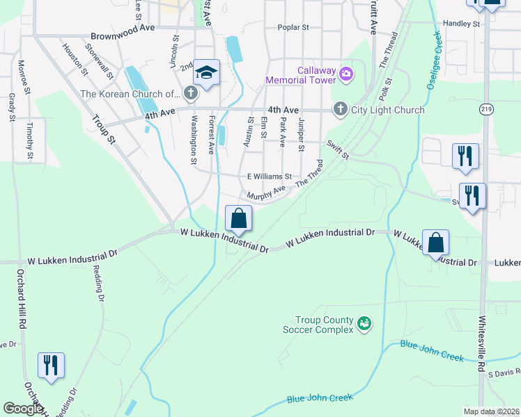 map of restaurants, bars, coffee shops, grocery stores, and more near 801 Hunnicutt Street in LaGrange