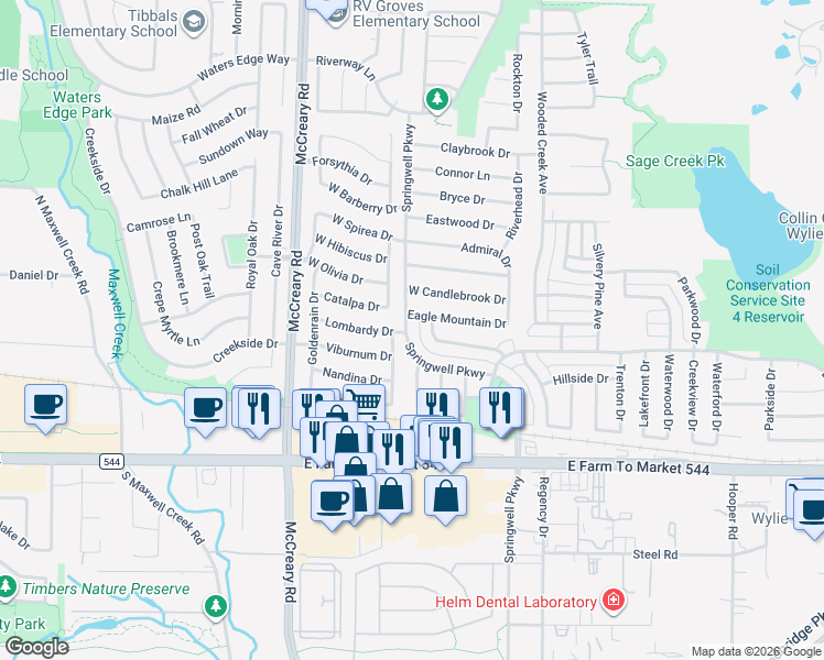 map of restaurants, bars, coffee shops, grocery stores, and more near 3310 Springwell Parkway in Wylie