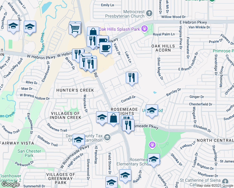 map of restaurants, bars, coffee shops, grocery stores, and more near 3830 Old Denton Road in Carrollton