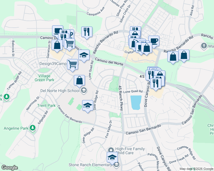 map of restaurants, bars, coffee shops, grocery stores, and more near 9876 Lone Quail Road in San Diego