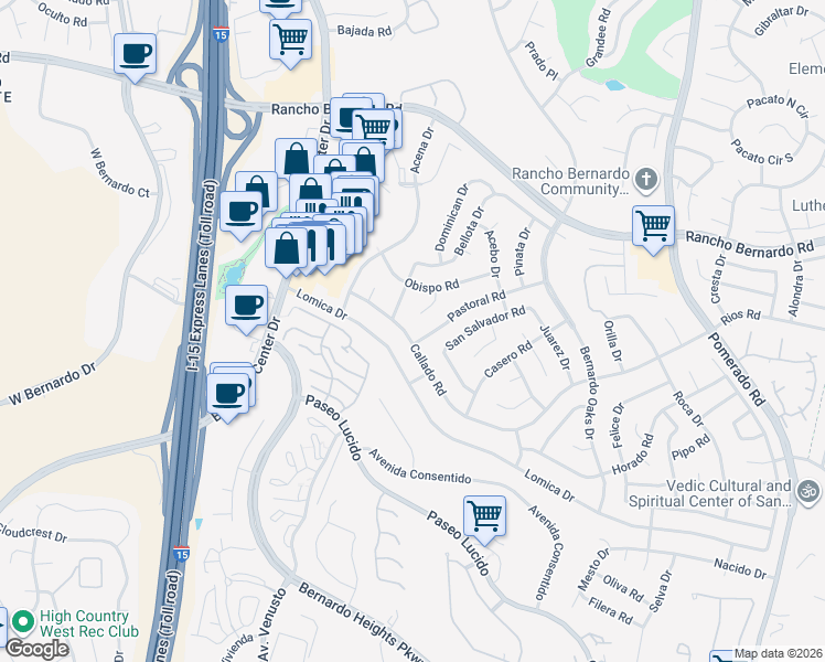 map of restaurants, bars, coffee shops, grocery stores, and more near 12040 Callado Road in San Diego