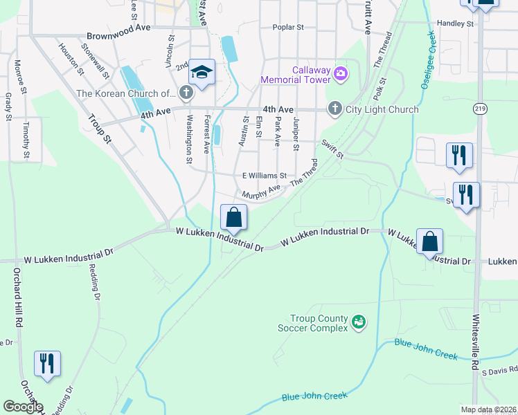 map of restaurants, bars, coffee shops, grocery stores, and more near 801 Hunnicutt Street in LaGrange